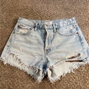 Agolde Faded Blue Frayed Denim Shorts